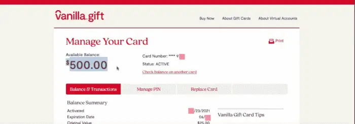 Available Balance Vanilla Gift card